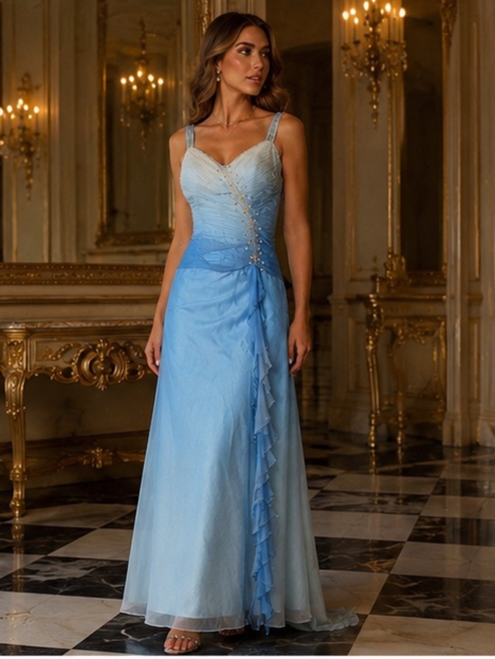 Lara Design 100% Silk Gown Ombre Sequin Blue Besded Formal Evening Party 16